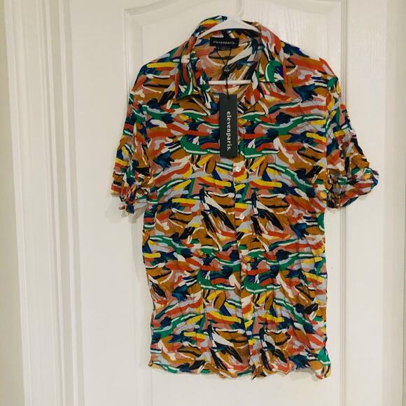 Eleven Paris Men's Camp Shirt Paint Splatter Short Sleeve Multicolor Large‎ NWT - Picture 2 of 11